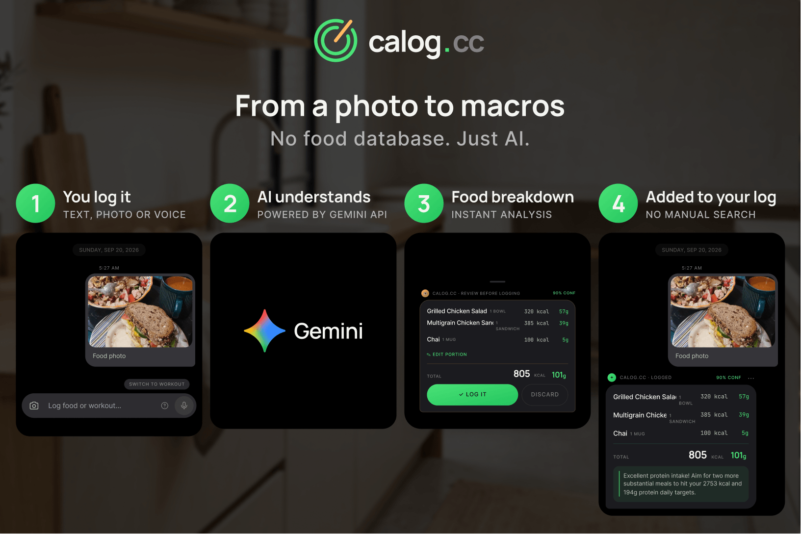 From a photo to macros: you log it, Gemini understands it, the food breakdown appears, it's added to your log