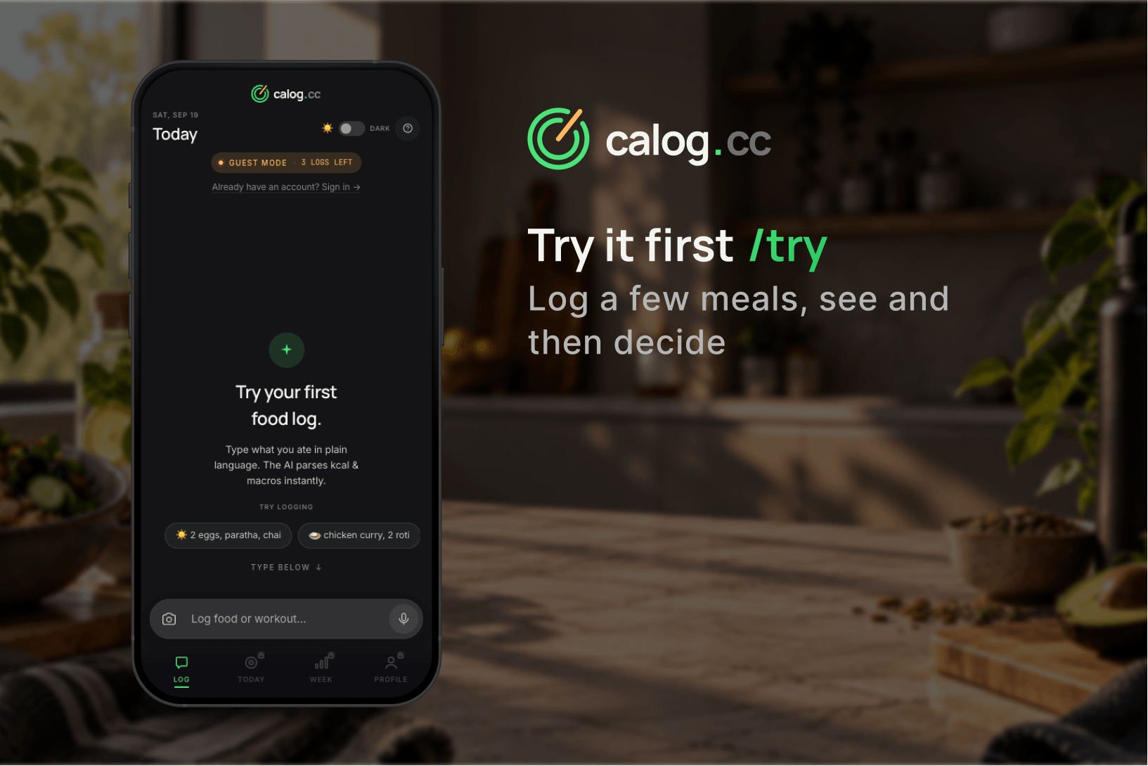 Guest mode at /try: Today screen with 3 logs left and sample meals to try before signing up