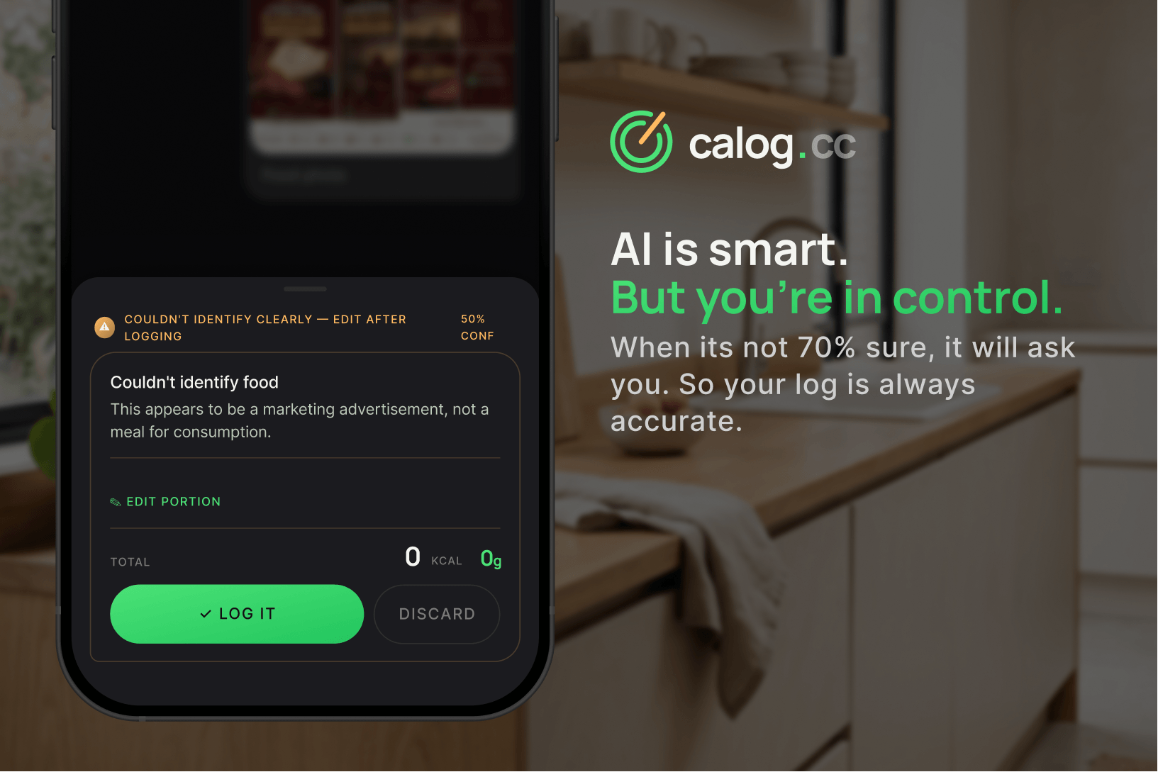 Low-confidence card at 50%: the AI could not identify the food and asks the user to review before logging