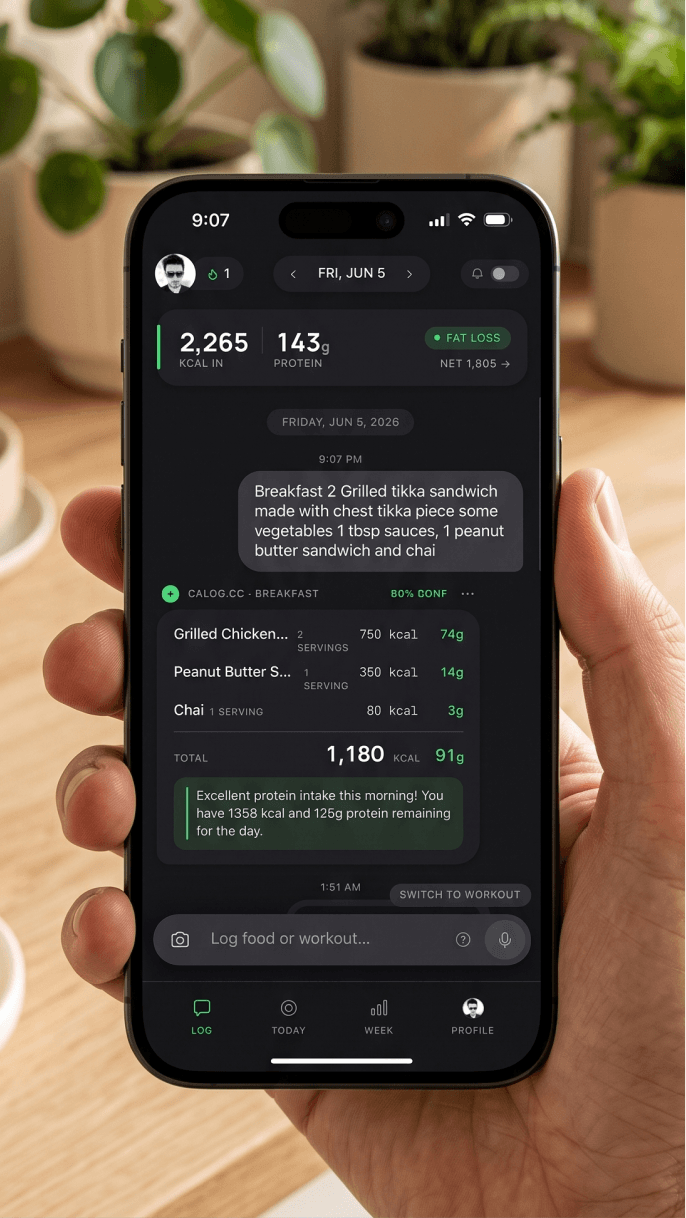 calog.cc chat log with an AI-parsed breakfast, 80% confident