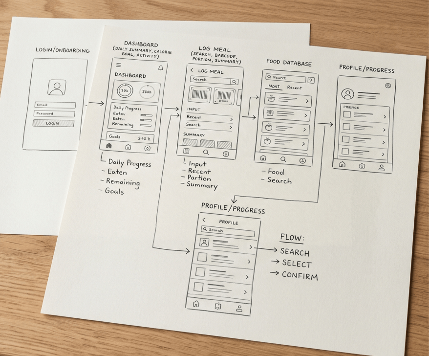 Pencil wireframes of the first calog flow: login, dashboard, log meal with search and barcode, food database, profile