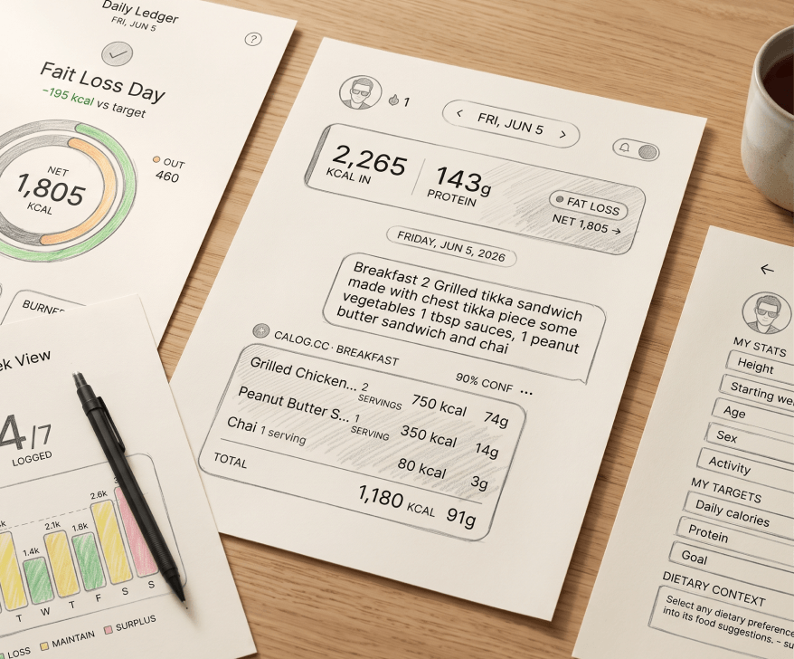 Pencil sketches of the Daily Ledger, chat log, week view and profile