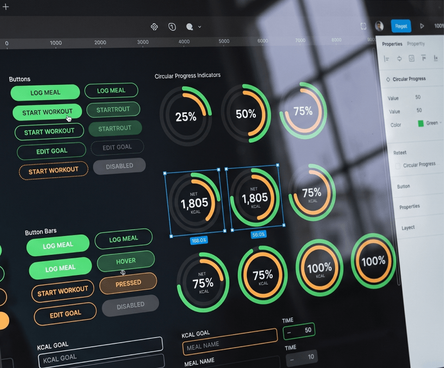calog design system components in Figma: buttons, button bars and circular progress indicators with their states