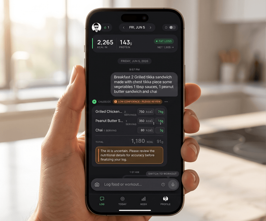 A hand holding a phone showing a low-confidence meal in the calog chat log