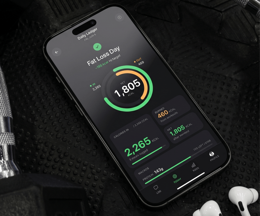 A phone on a gym mat showing the calog Fat Loss Day ledger