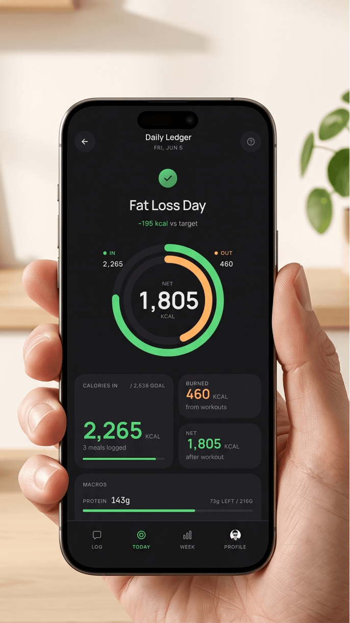 calog.cc Daily Ledger with the net-calorie ring and macro breakdown