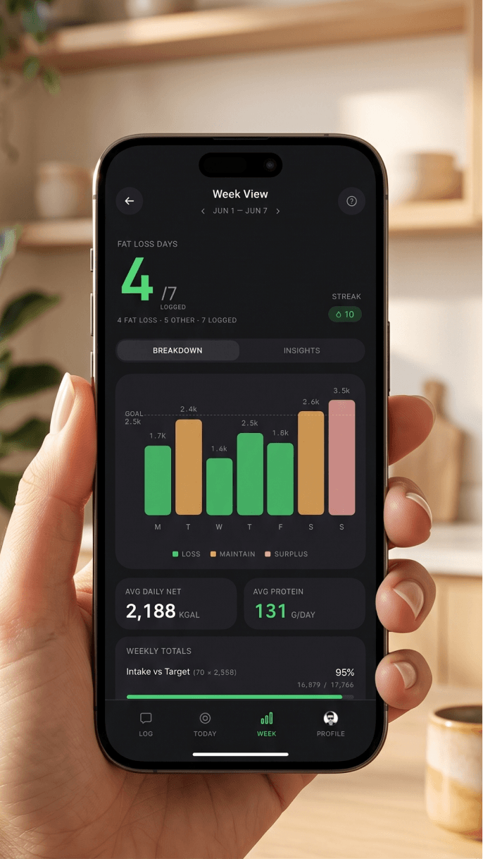 calog.cc Week view with daily bars and AI coaching