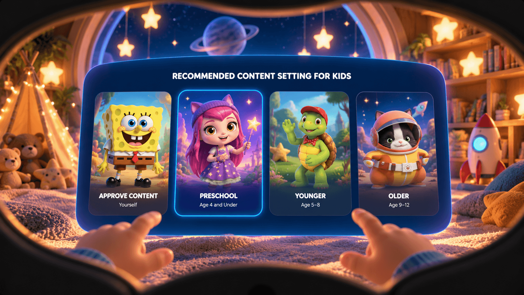 Headset setup screen: four large character cards for approve content yourself, preschool, younger and older age groups