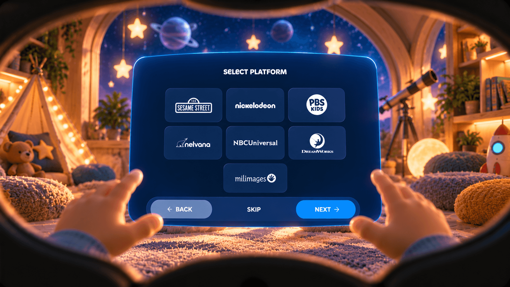 Select platform screen with studio tiles including Sesame Street, Nickelodeon, PBS Kids, NBCUniversal and DreamWorks