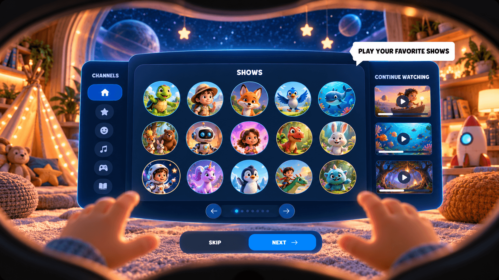 First visit in the headset: channels, shows and continue watching side by side, with a single callout pointing to the shows: play your favorite shows