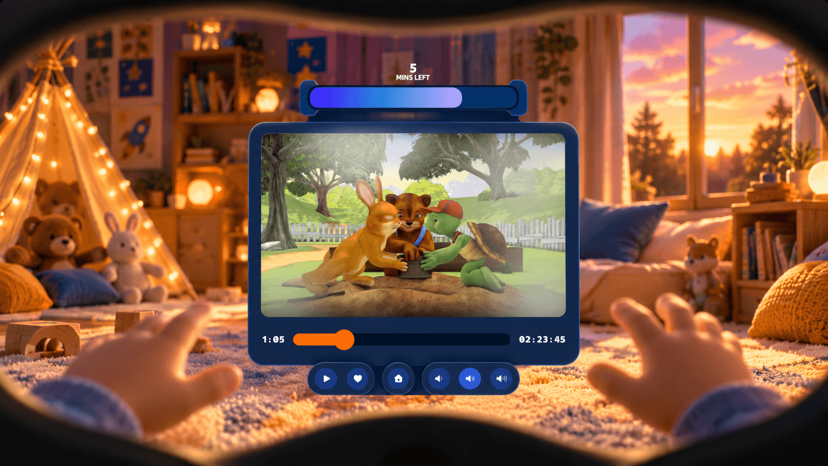 Playback in the headset with a countdown bar showing five minutes left and simple player controls