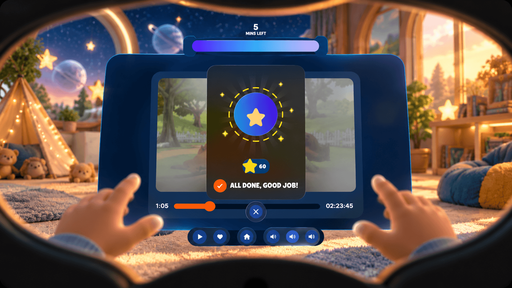 Session complete in the headset: a star badge with the total star count and the message All done, good job