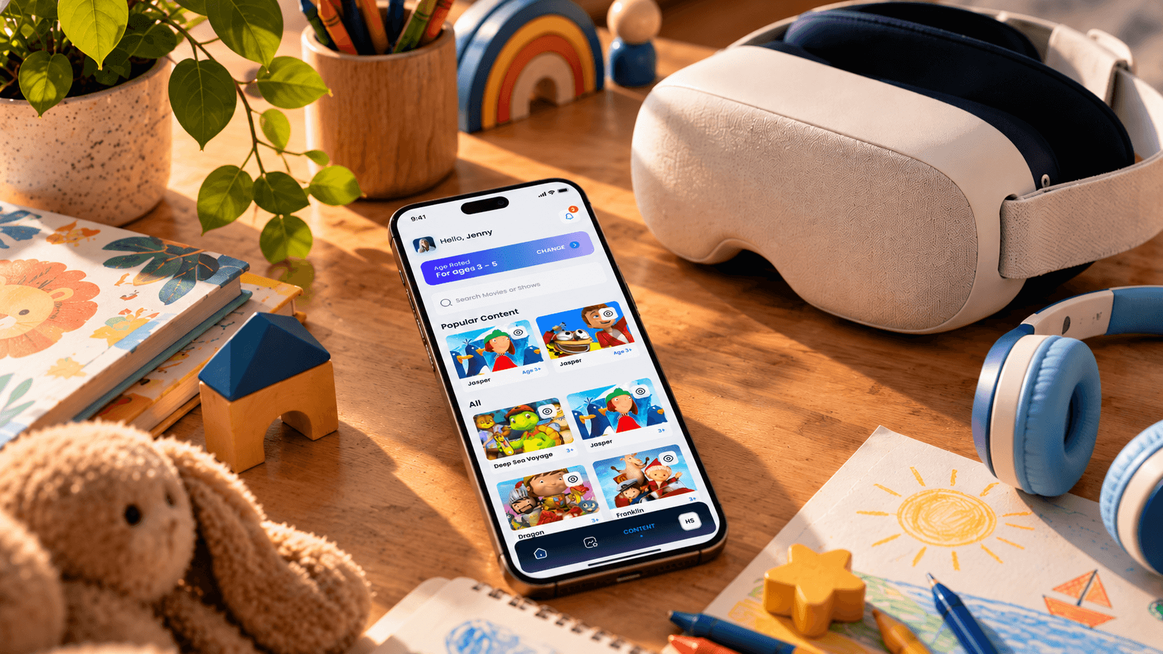 The parent app's popular content grid on a phone lying on a child's desk, next to the VR headset, headphones and a drawing