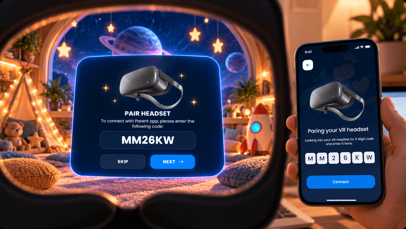 The headset shows the pairing code MM26KW while a parent types the same code into the parent app on a phone