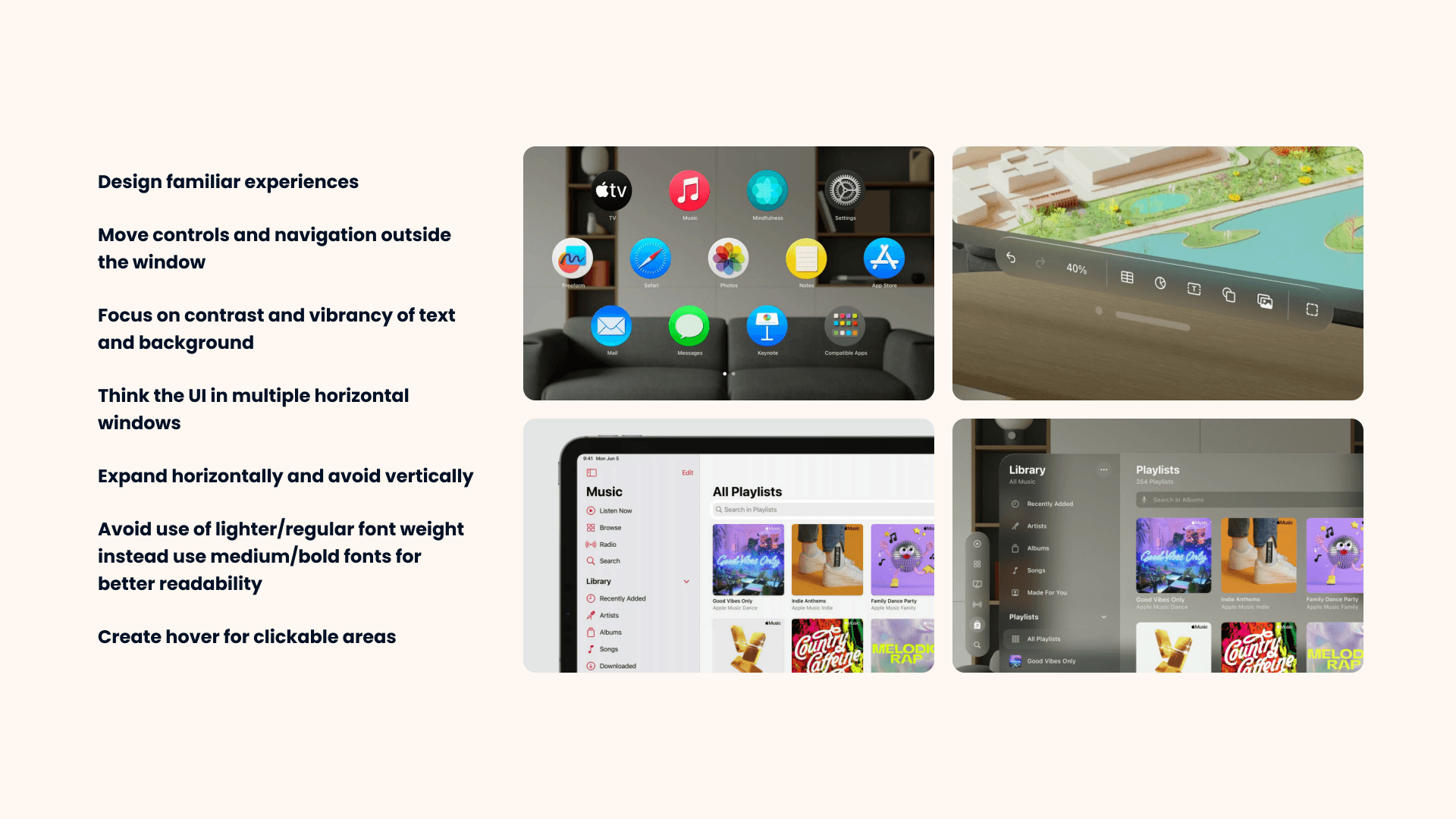 Research slide: designing for VR, with Vision Pro examples of familiar layouts, controls outside the window and horizontal panels
