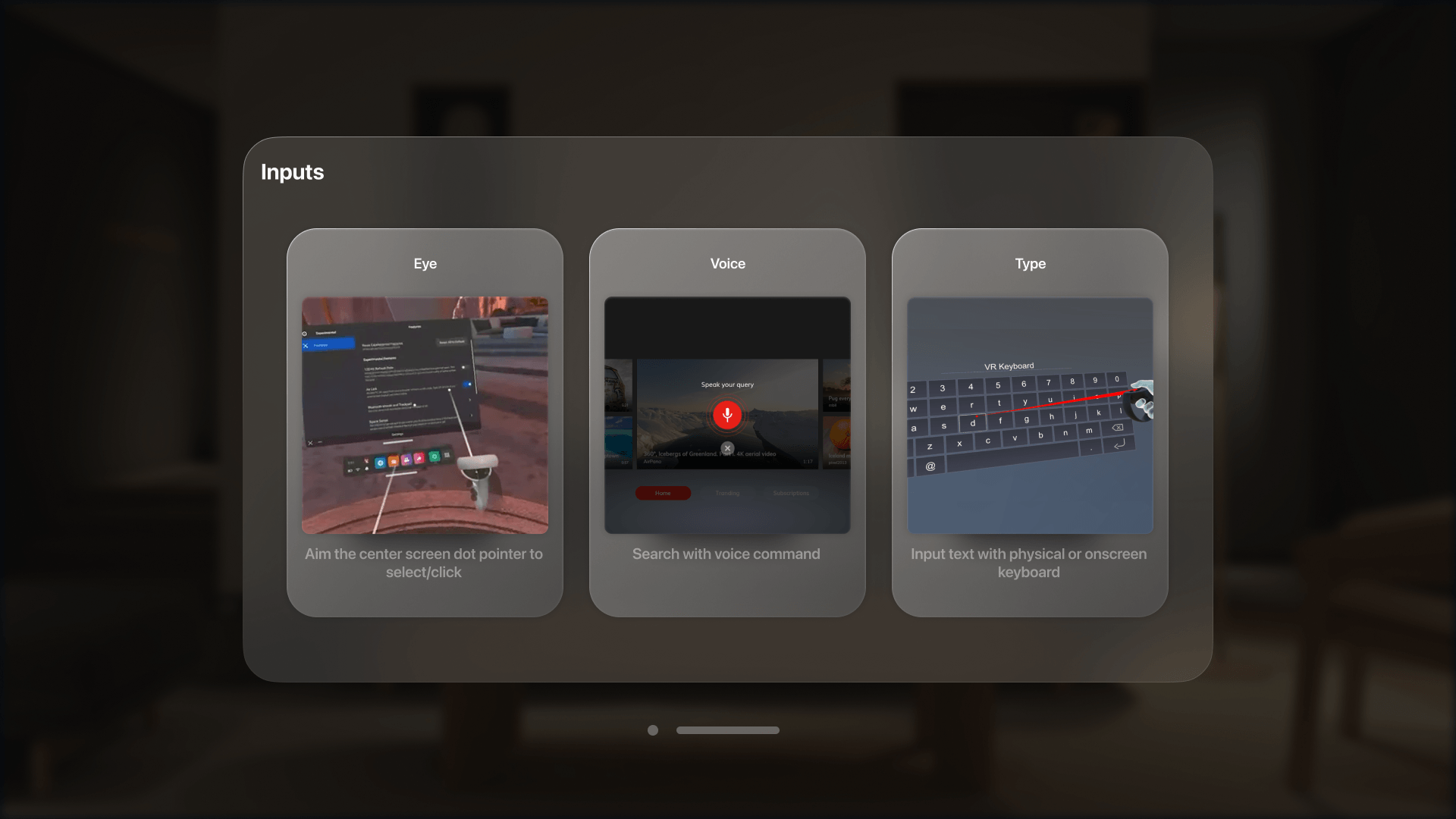 Research slide on VR inputs: eye and pointer selection, voice search and the on-screen keyboard