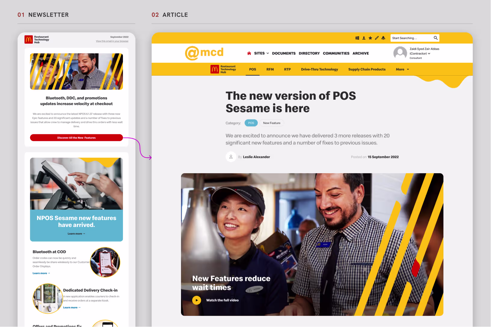 The September newsletter beside the matching article detail page in the hub