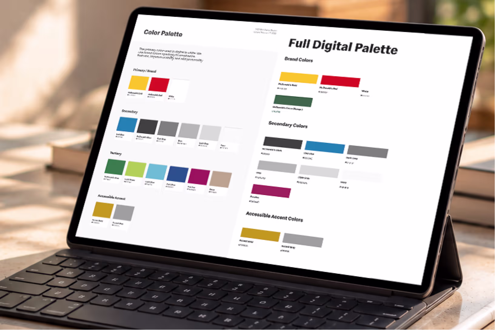Tablet showing the full McDonald's digital palette: brand yellows and reds, secondary and accessible colour sets
