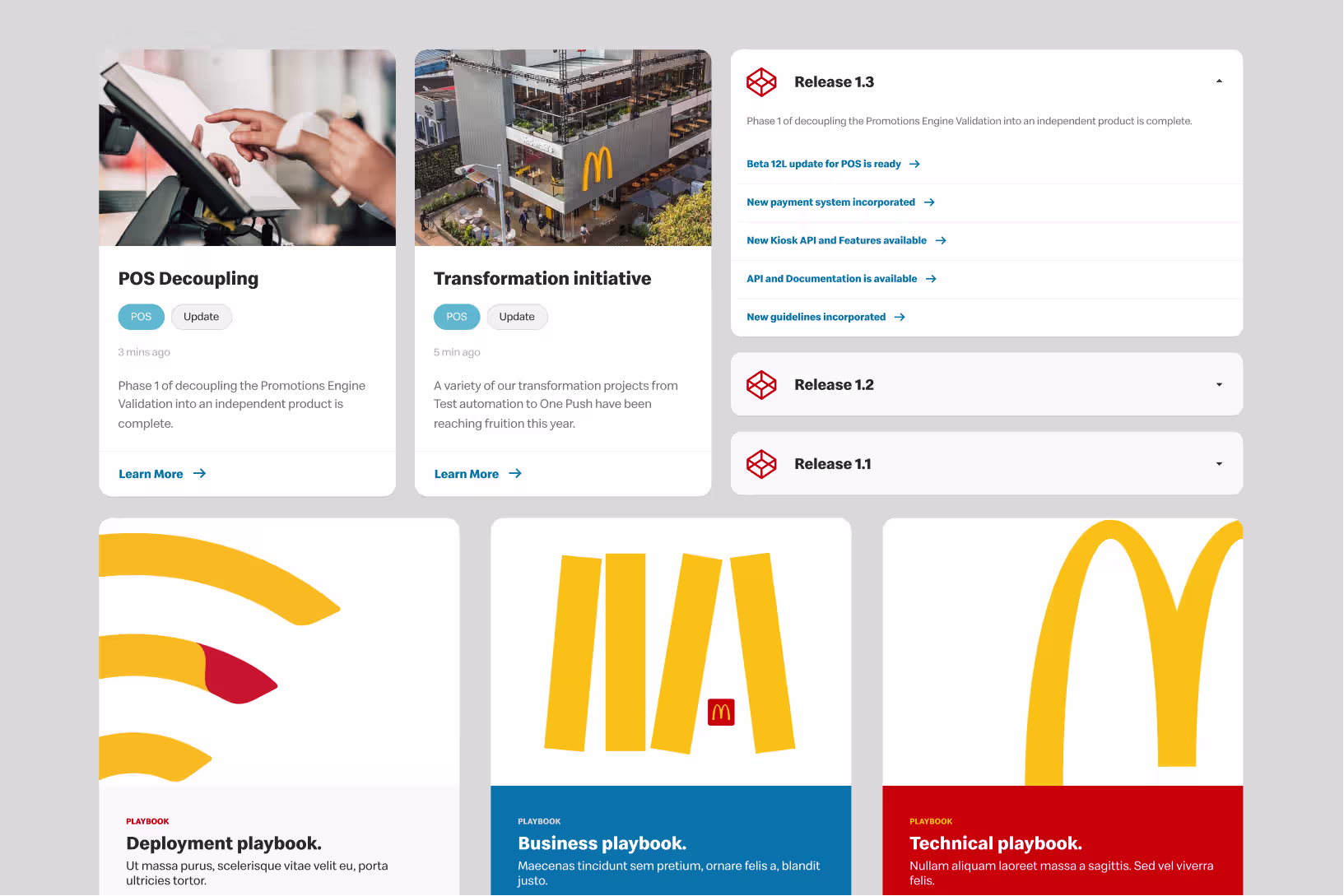Reusable components: story cards with category and format tags beside a release accordion listing what shipped in Release 1.3