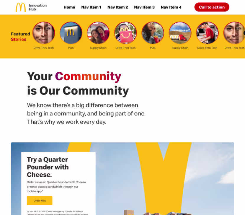 Early stories concept home: featured story circles above a community banner