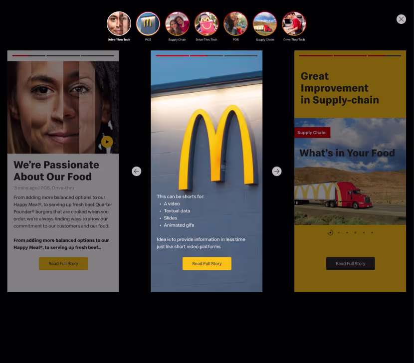 Stories concept opened: swipeable story cards on black with category circles above