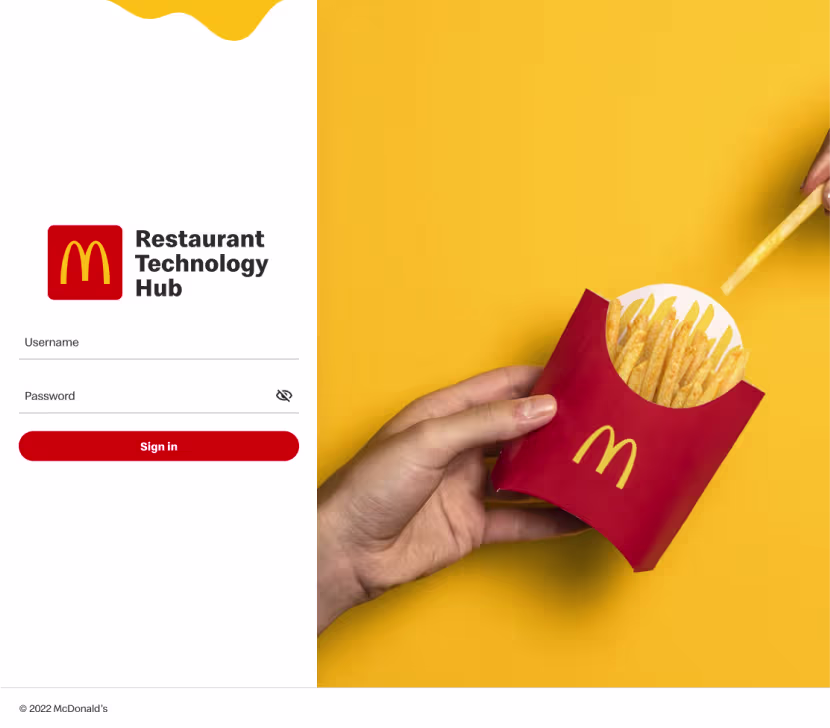 Restaurant Technology Hub login with a melted-cheese drip and a hand holding fries