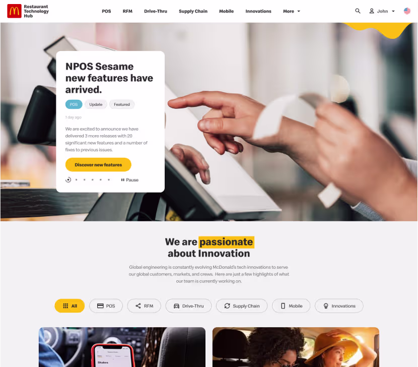 Hub home with the NPOS Sesame release card and category filters