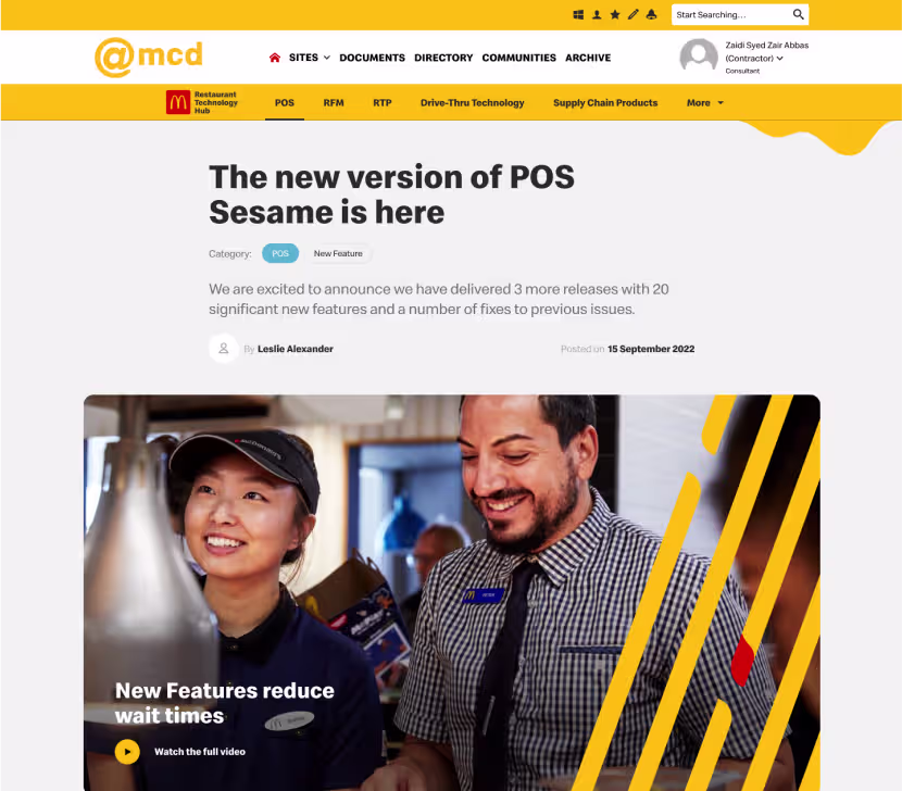 Article detail for the new POS Sesame release inside the @mcd intranet