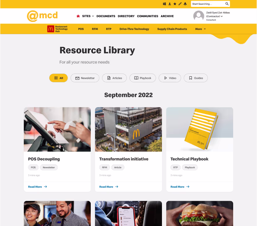Resource Library with type filters and September 2022 stories