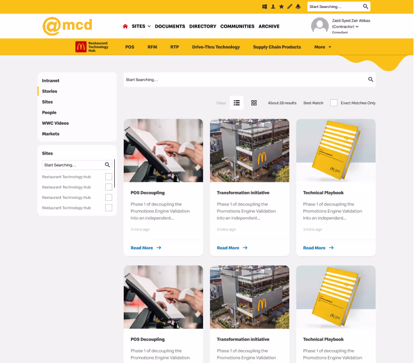 Hub-wide search results with filters and grid view