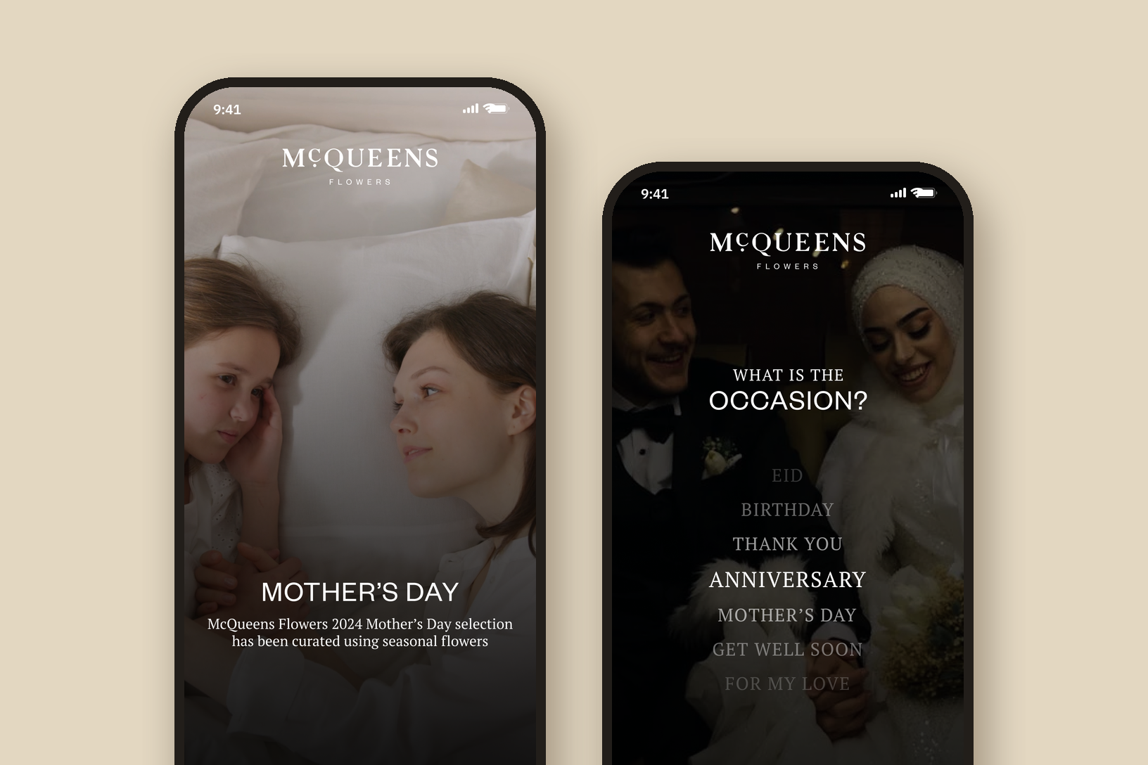 Two phones on a sand ground: the Mother's Day video splash with a mother and daughter, and the first question, What is the occasion?, over a dimmed video of a couple, with a list running from Eid to For my love and Anniversary in the middle