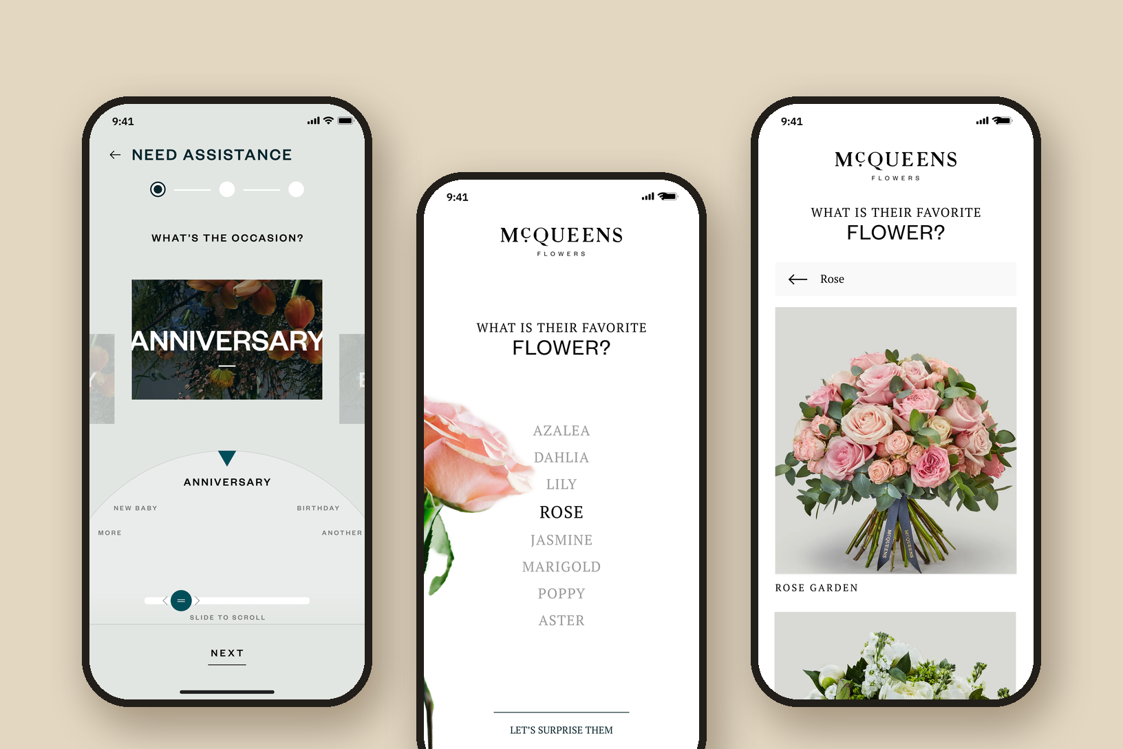Three phones: option 1's Need Assistance screen with a half-circle wheel set to Anniversary, version 2.4's What is their favorite flower? list with Rose selected beside a pink rose, and the result, Rose Garden and Edwina bouquets