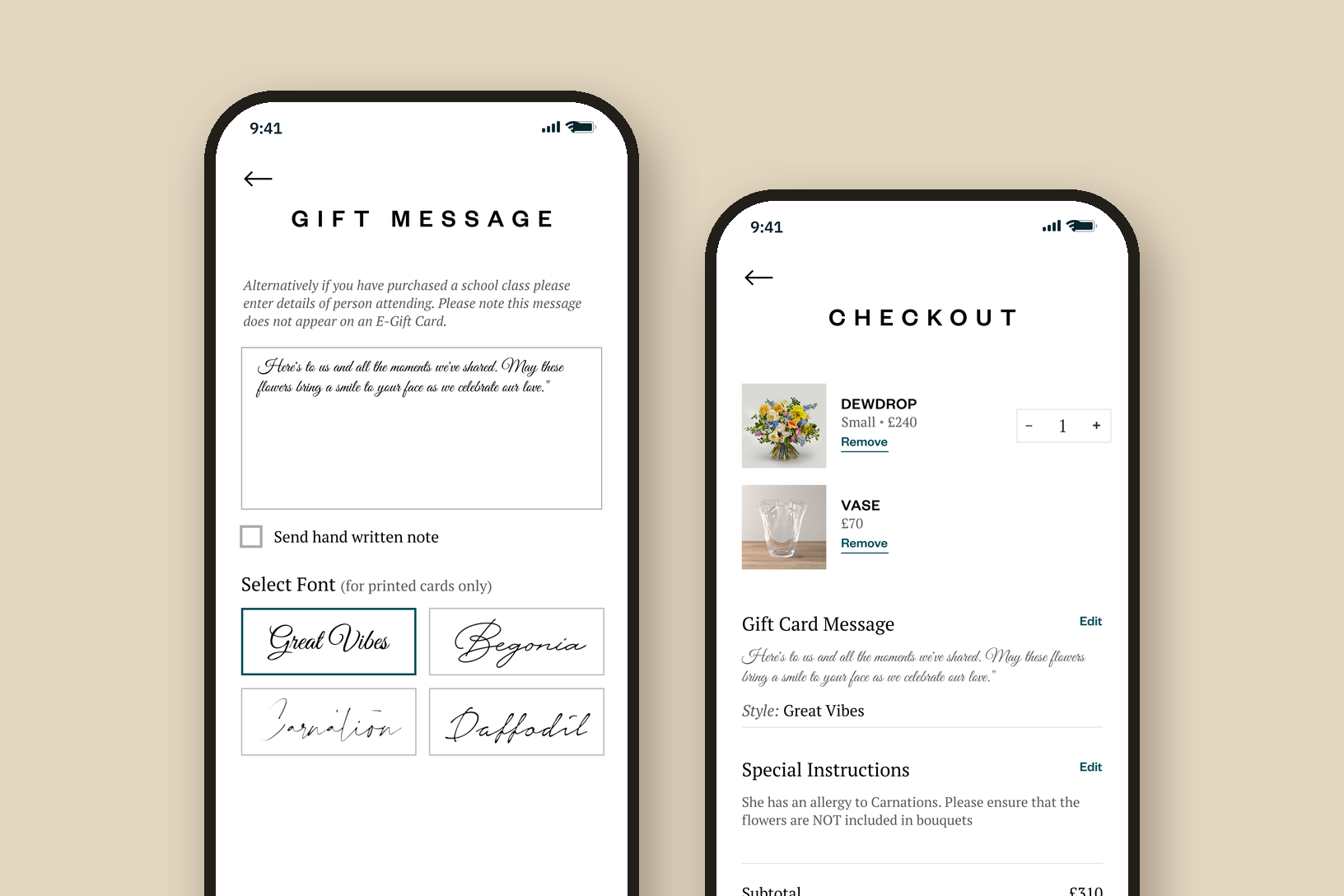 Two phones: the Gift Message screen with a message in a script font, a Send hand written note option and four card fonts, and Checkout with the gift card message, a special instruction about a carnation allergy and the totals