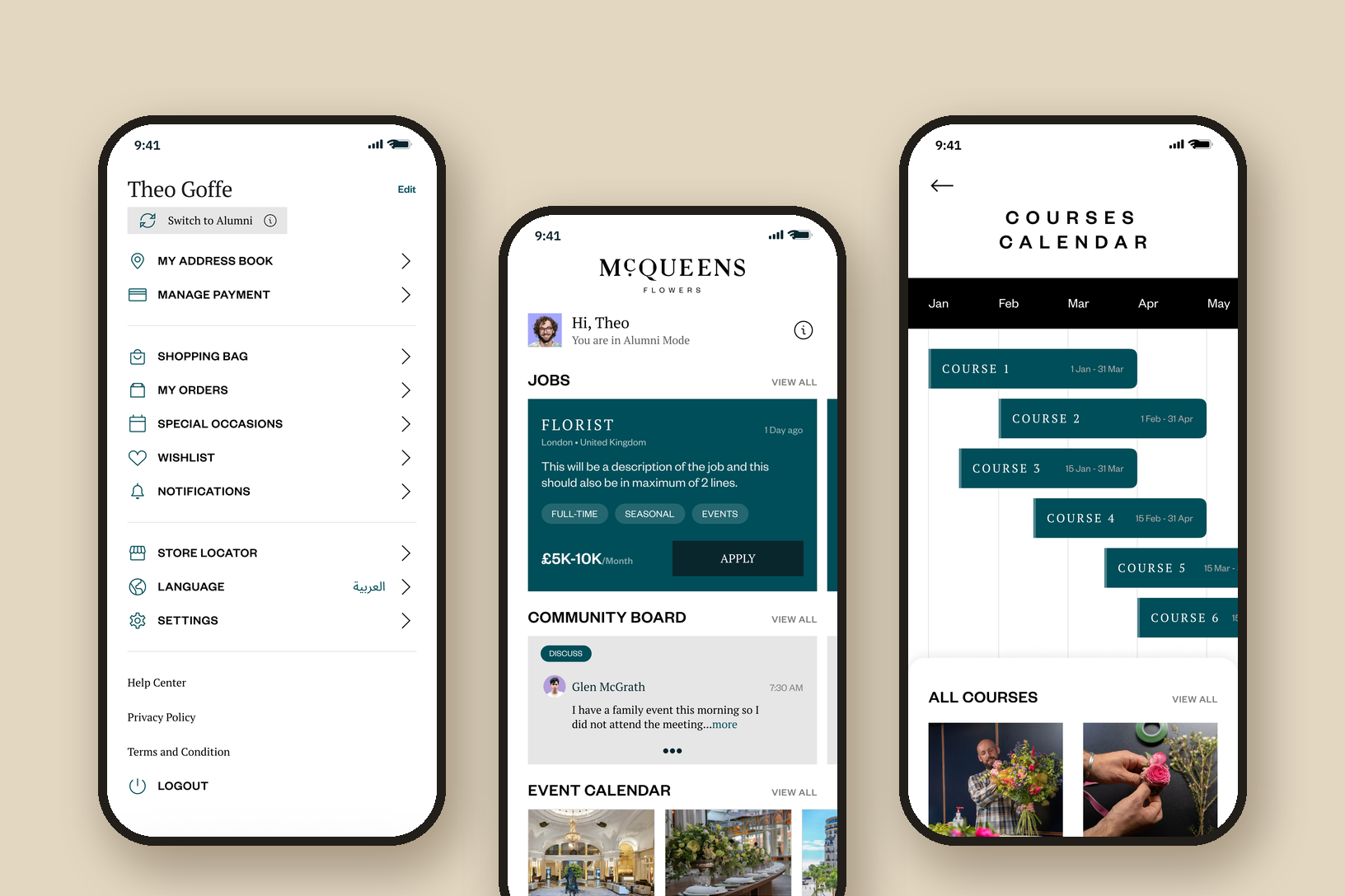 Three phones: the buyer menu with a Switch to Alumni button, the alumni home with a florist job, the community board and an event calendar, and the courses calendar with six courses laid out from January to May