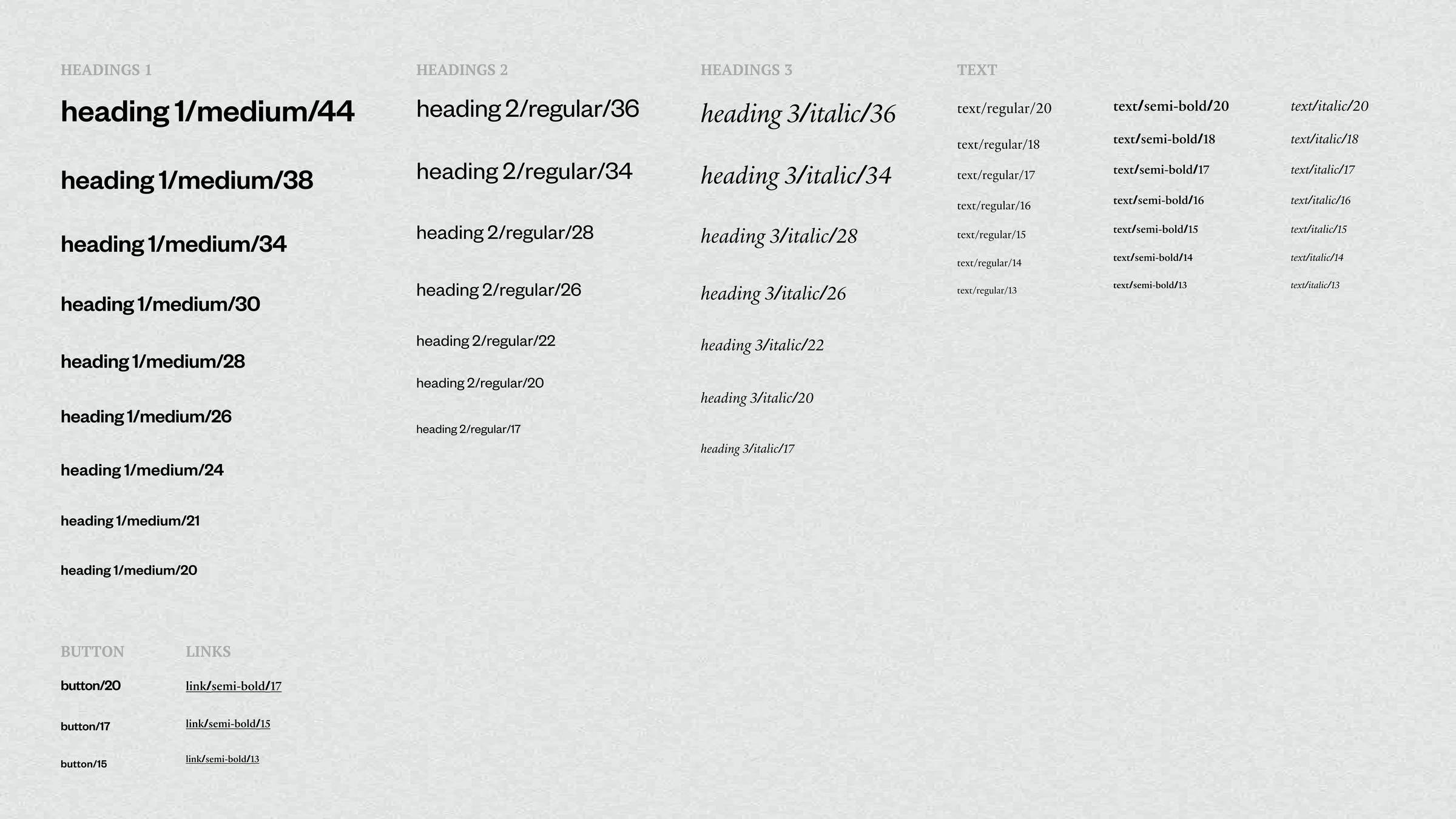 The app's type system on a textured light green ground: heading 1 in medium from 44 to 20, heading 2 in regular, heading 3 in a serif italic, text in regular, semi-bold and italic from 20 to 13, plus button and link styles