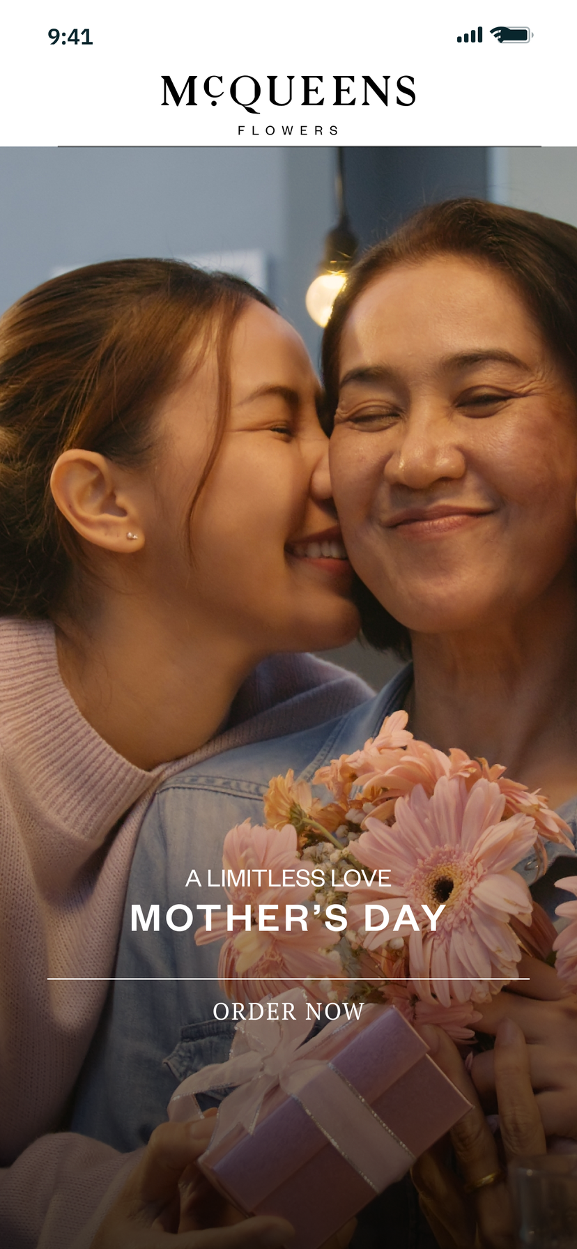 Home screen: a full-height Mother's Day banner, A limitless love, with an Order now link over a photo of a daughter and her mother holding pink gerberas