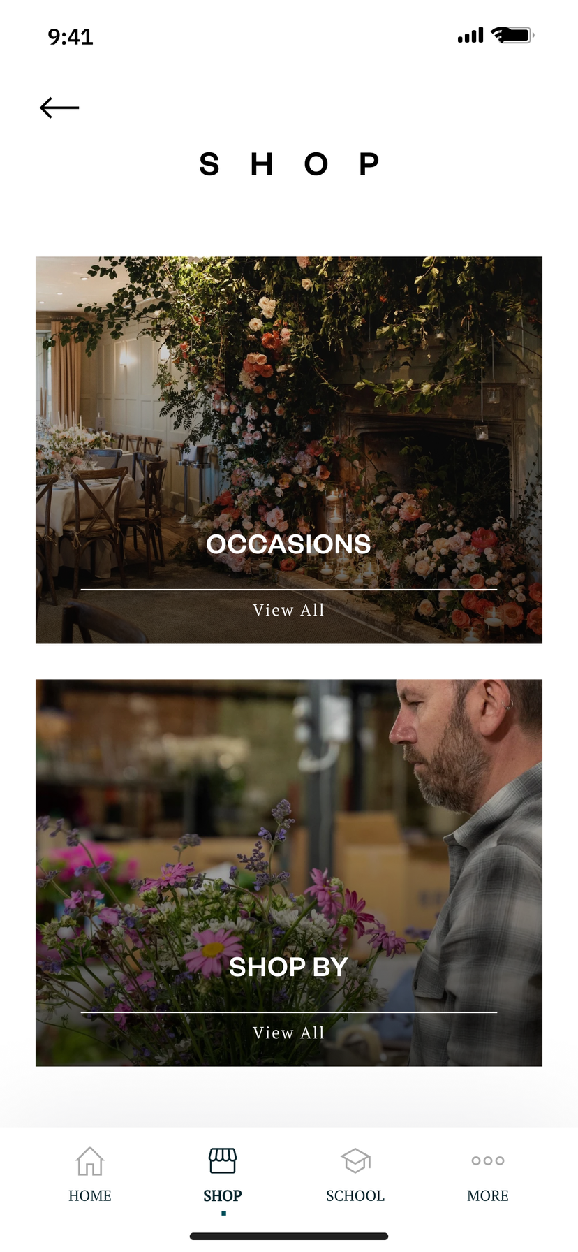 Shop screen with two large photo cards, Occasions and Shop by, and a bottom bar of Home, Shop, School and More