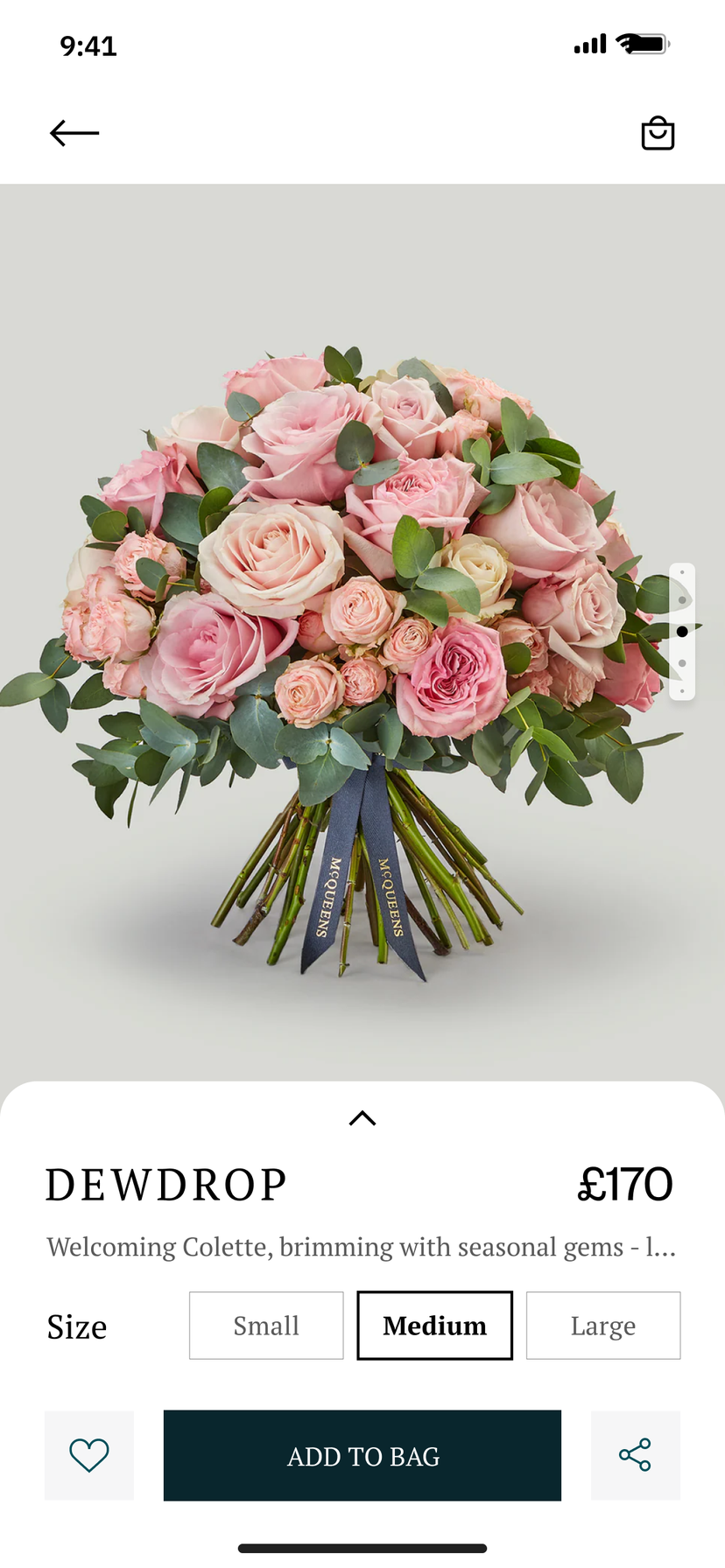 Product screen for the Dewdrop bouquet of pink and cream roses, priced at £170, with small, medium and large sizes, a wishlist button, Add to bag and share