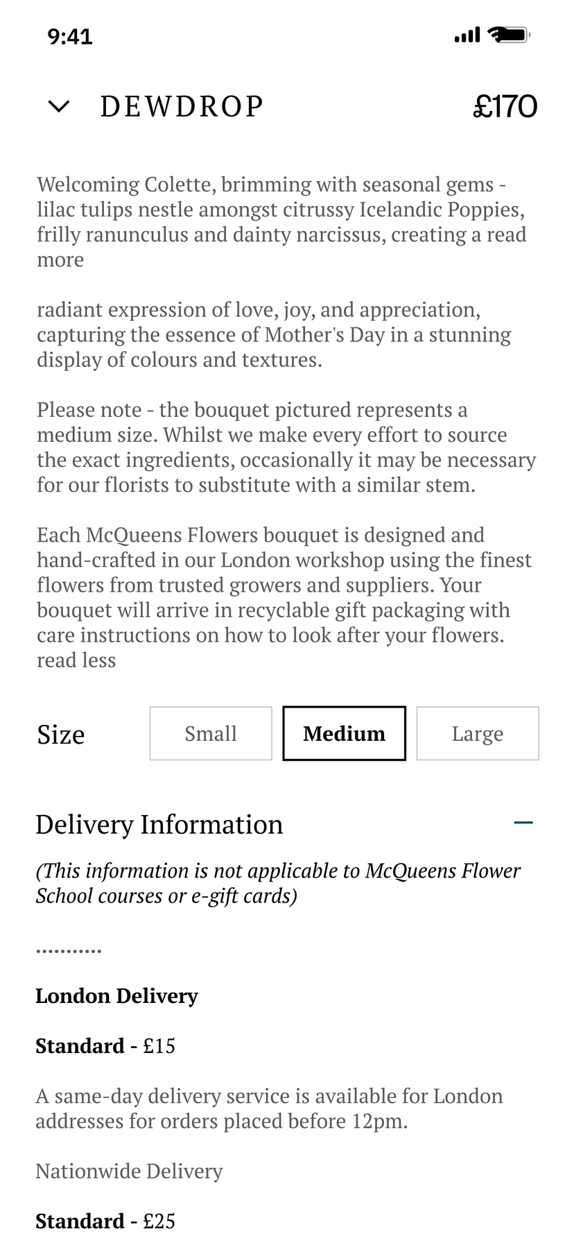 The Dewdrop product details opened up: the bouquet's description, a note that florists may substitute similar stems, size options and delivery information for London and nationwide