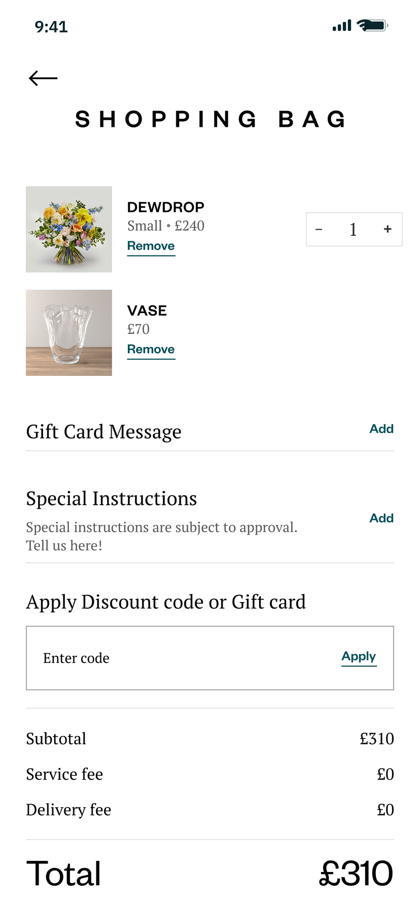 Shopping bag with the Dewdrop bouquet and a vase, a gift card message and special instructions to add, a discount code field and the total of £310