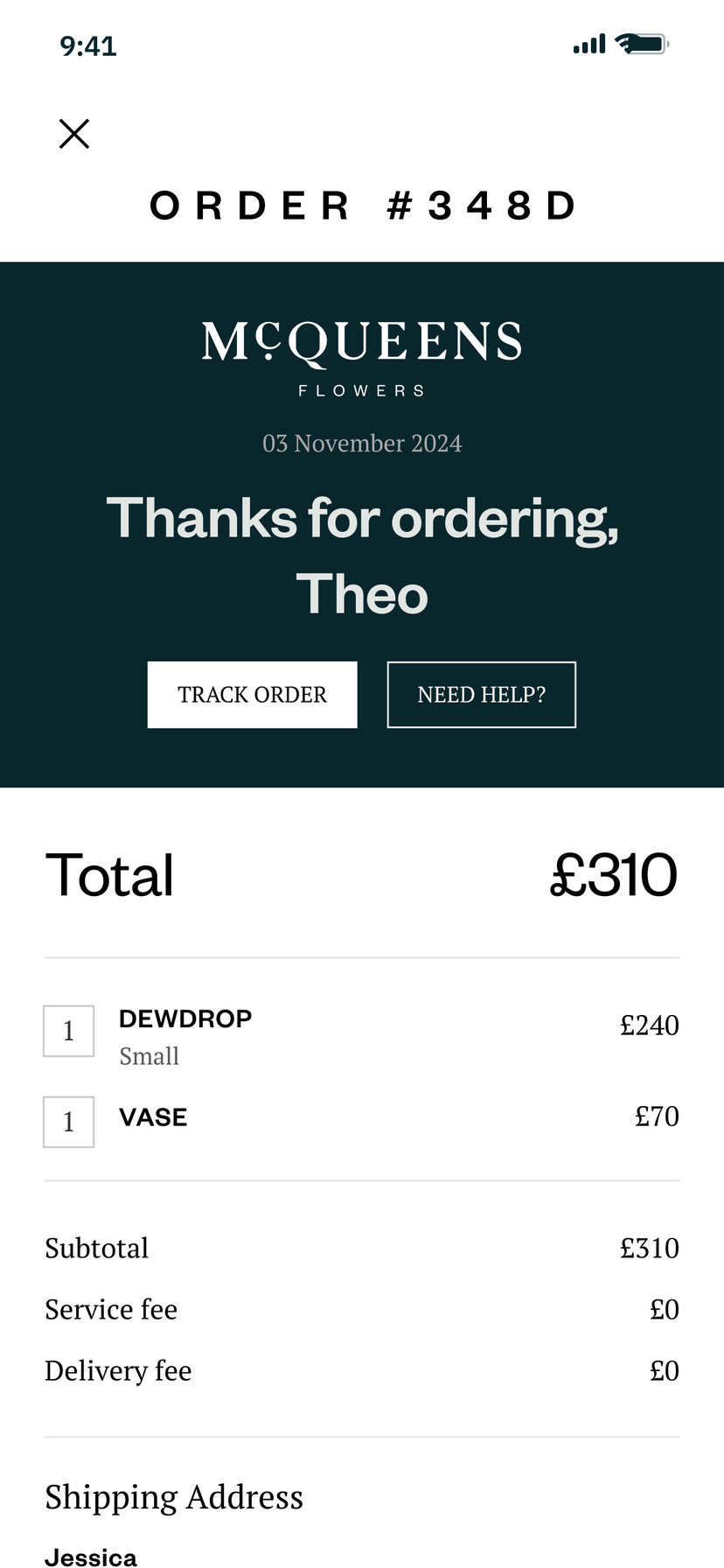 Order confirmation for order 348D: a dark green panel with the McQueens wordmark, Thanks for ordering, Theo, Track order and Need help? buttons, then the items and total