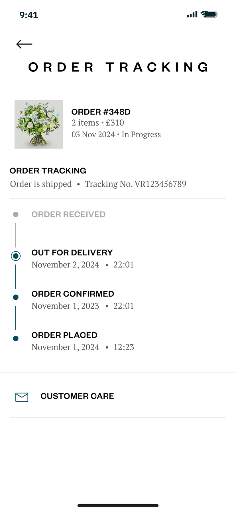 Order tracking with a timeline from order placed and confirmed to out for delivery, the tracking number and a link to customer care
