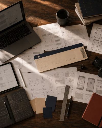 Paper sketches of app screens spread across a wooden desk