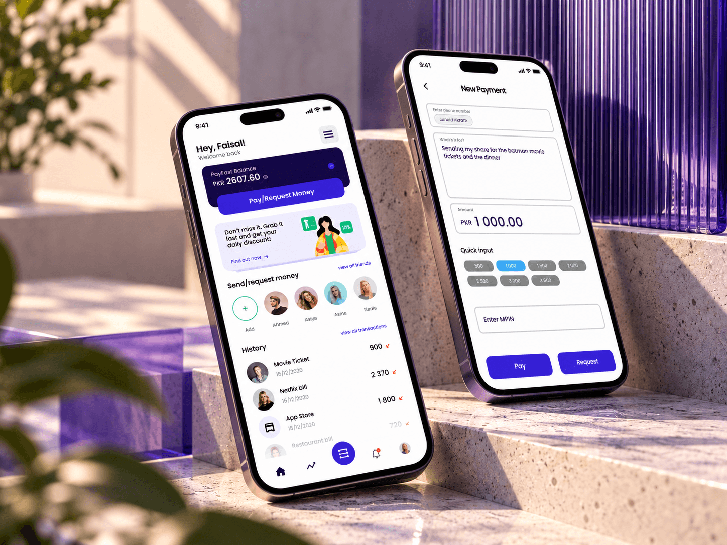 Two phones leaning on sunlit stone steps beside indigo glass: the home screen with the PayFast balance, a Pay/Request Money button, friends and history, and New Payment with a note about movie tickets and dinner, PKR 1,000, quick amounts, an MPIN field and Pay and Request buttons