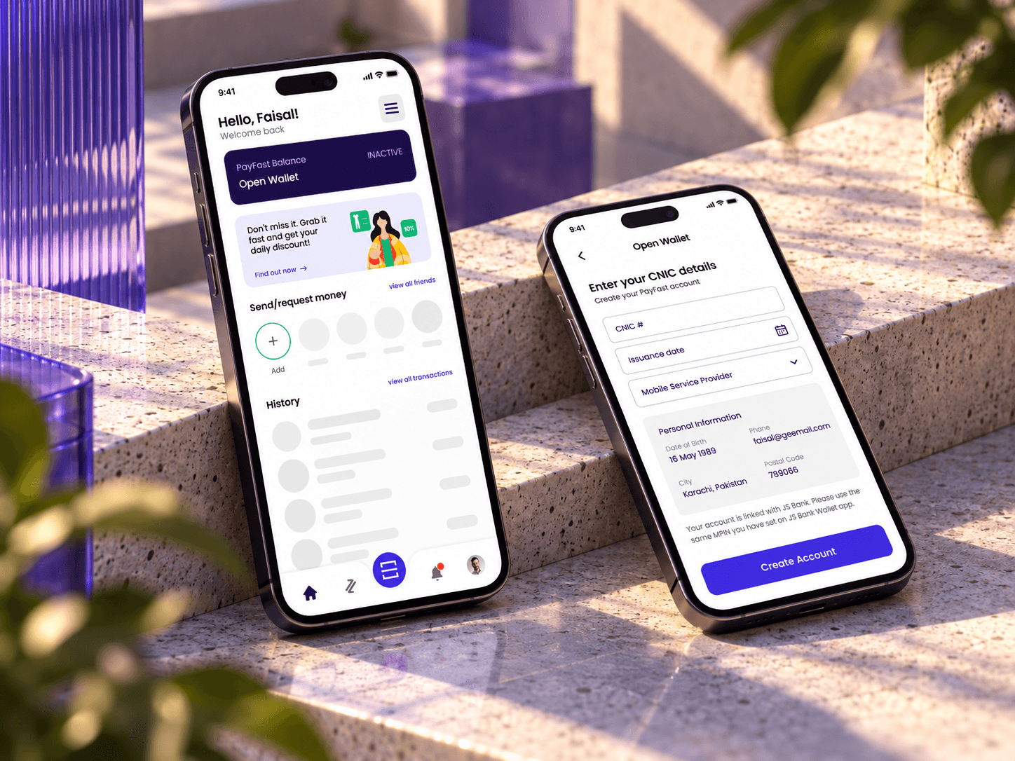 Two phones on sunlit stone steps: the home screen with an inactive Open Wallet card and placeholder content, and Open Wallet asking for the CNIC number, issuance date and mobile service provider