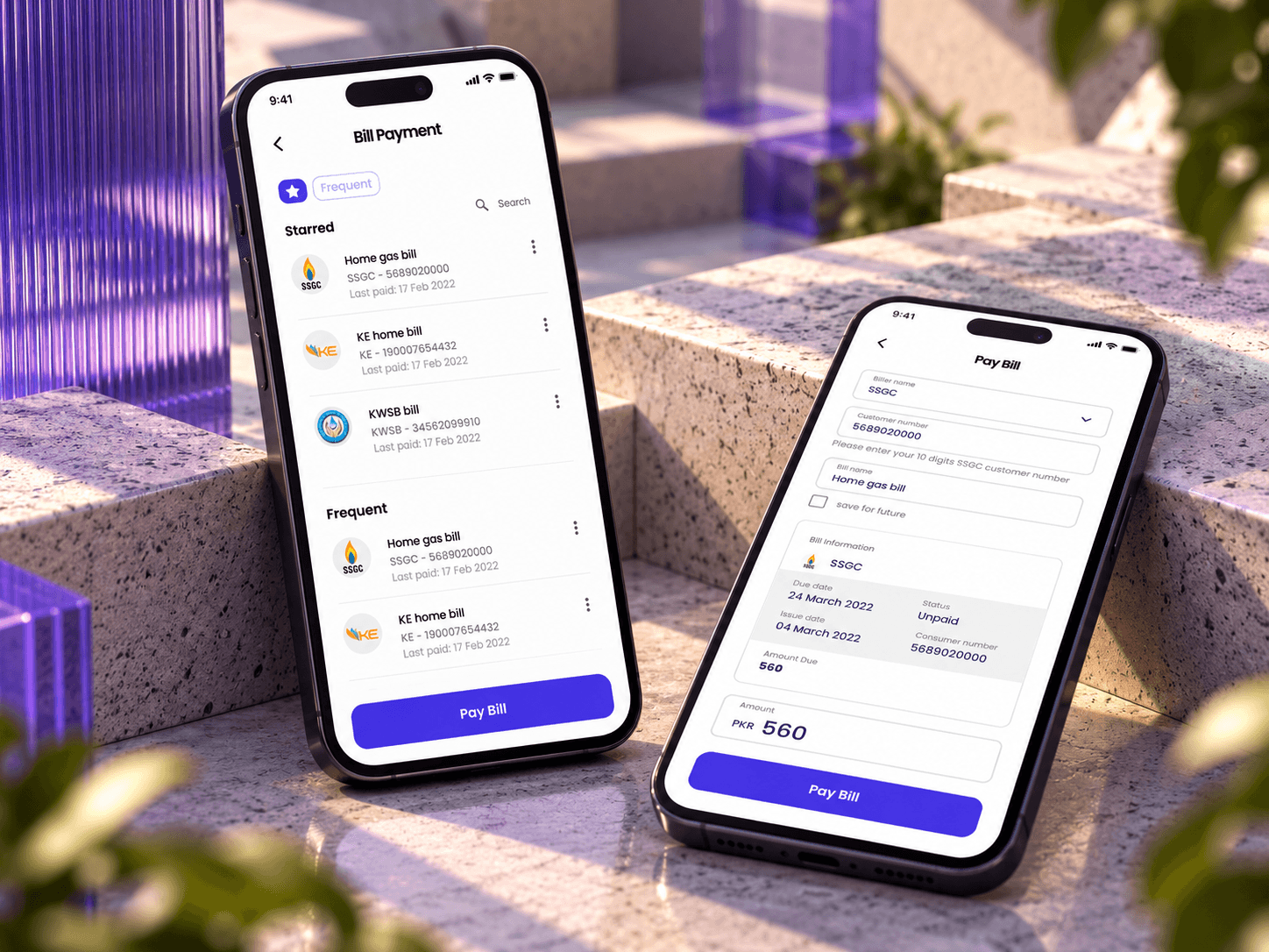 Two phones on stone steps: Bill Payment with starred and frequent bills for SSGC, K-Electric and KWSB, and Pay Bill showing an SSGC bill's due date, unpaid status and amount due