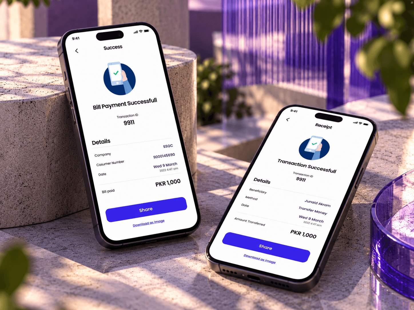 Two phones on stone steps: Bill Payment Successful and a Transaction Successful receipt, each with a transaction ID, details, the amount, a Share button and a Download as image link