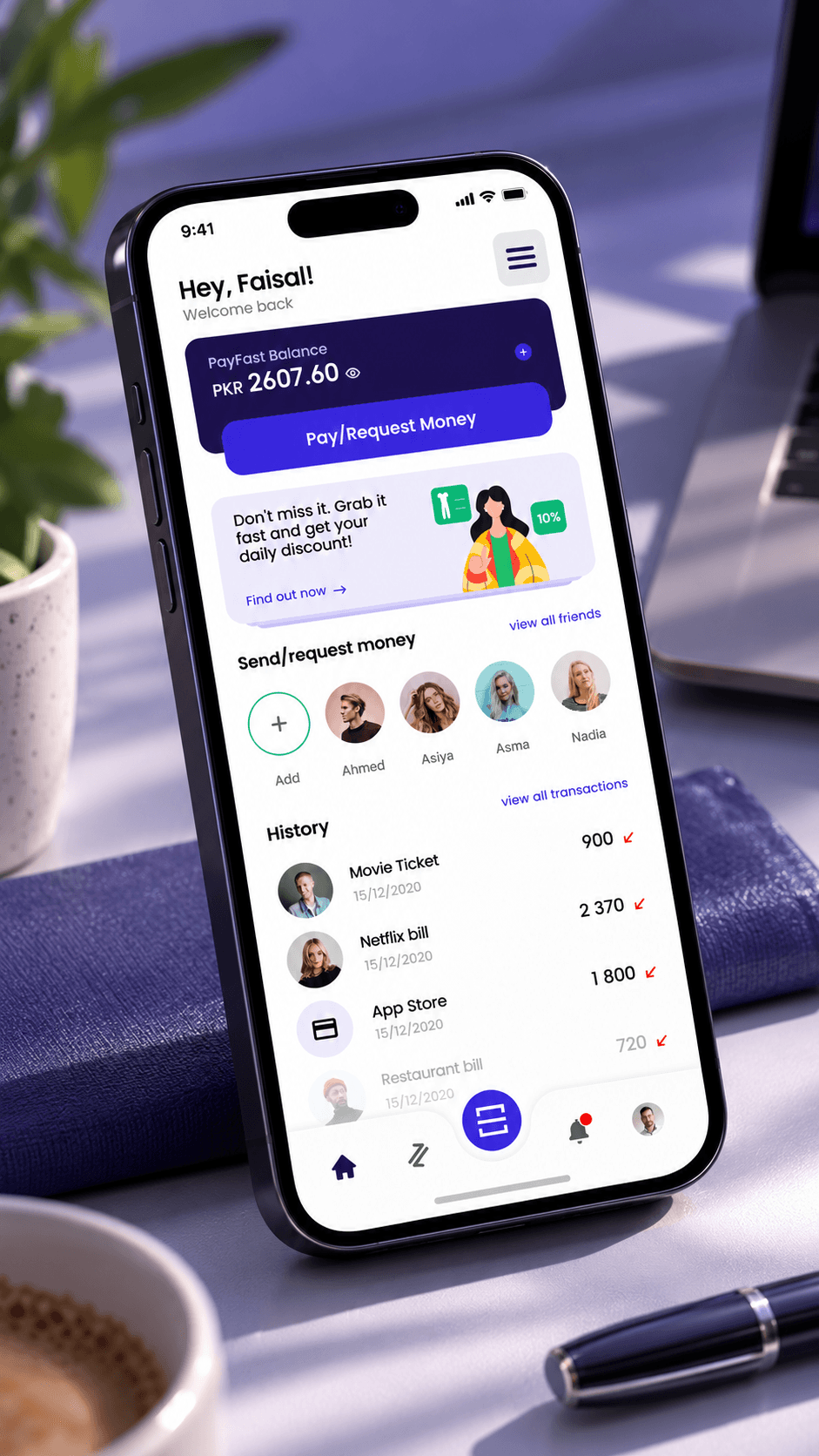 Home screen: PayFast balance in rupees, a Pay/Request Money button, a daily discount card, friends to send or request money, and recent history