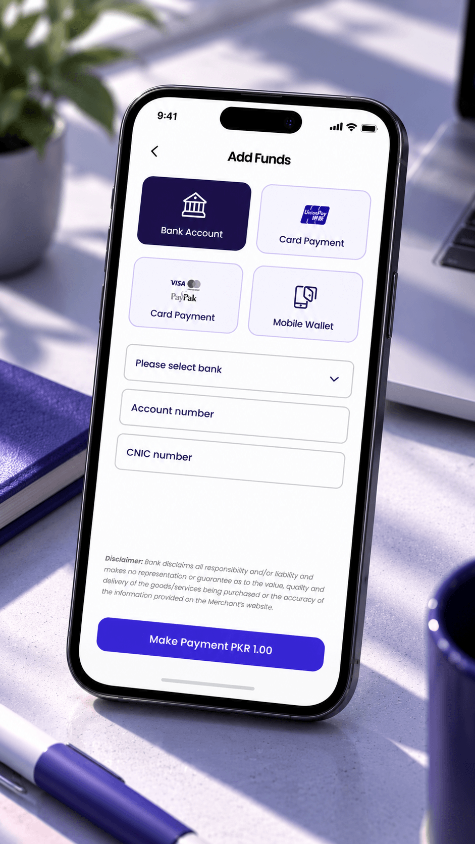 Add Funds screen with four sources, bank account, card payment, Visa or PayPak card and mobile wallet, above bank, account number and CNIC fields