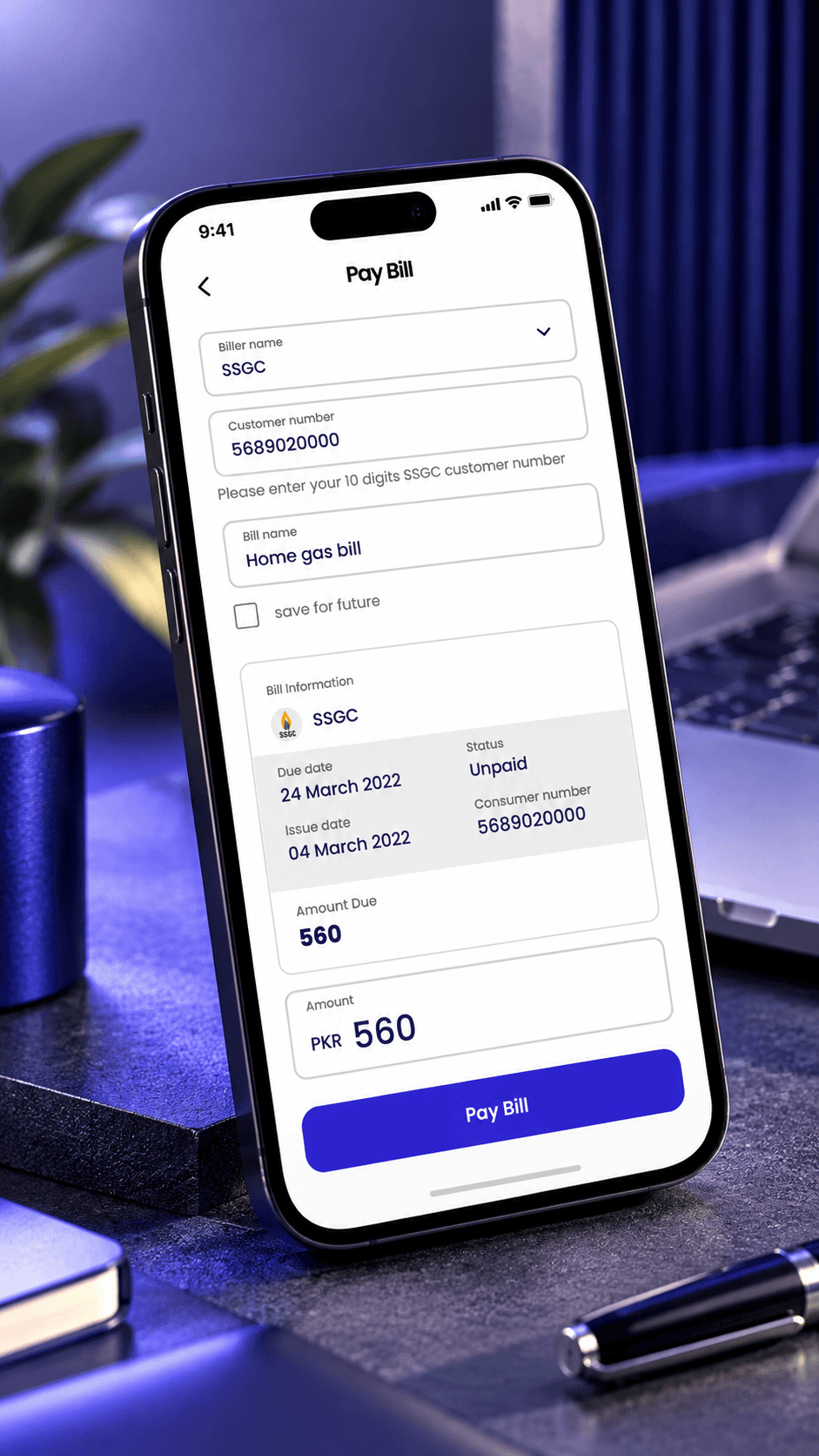 Pay Bill screen for an SSGC gas bill: biller, customer number, bill name, then bill information with due date, status and amount due